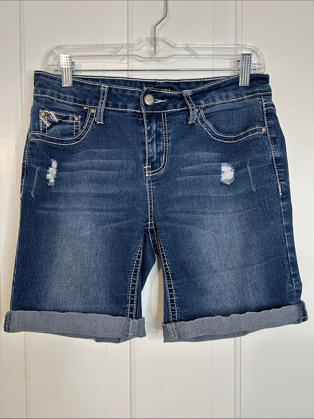 Anna 8 embroidered rinestone Y2K Rolled Cuff Denim Shorts comfort stretch denim